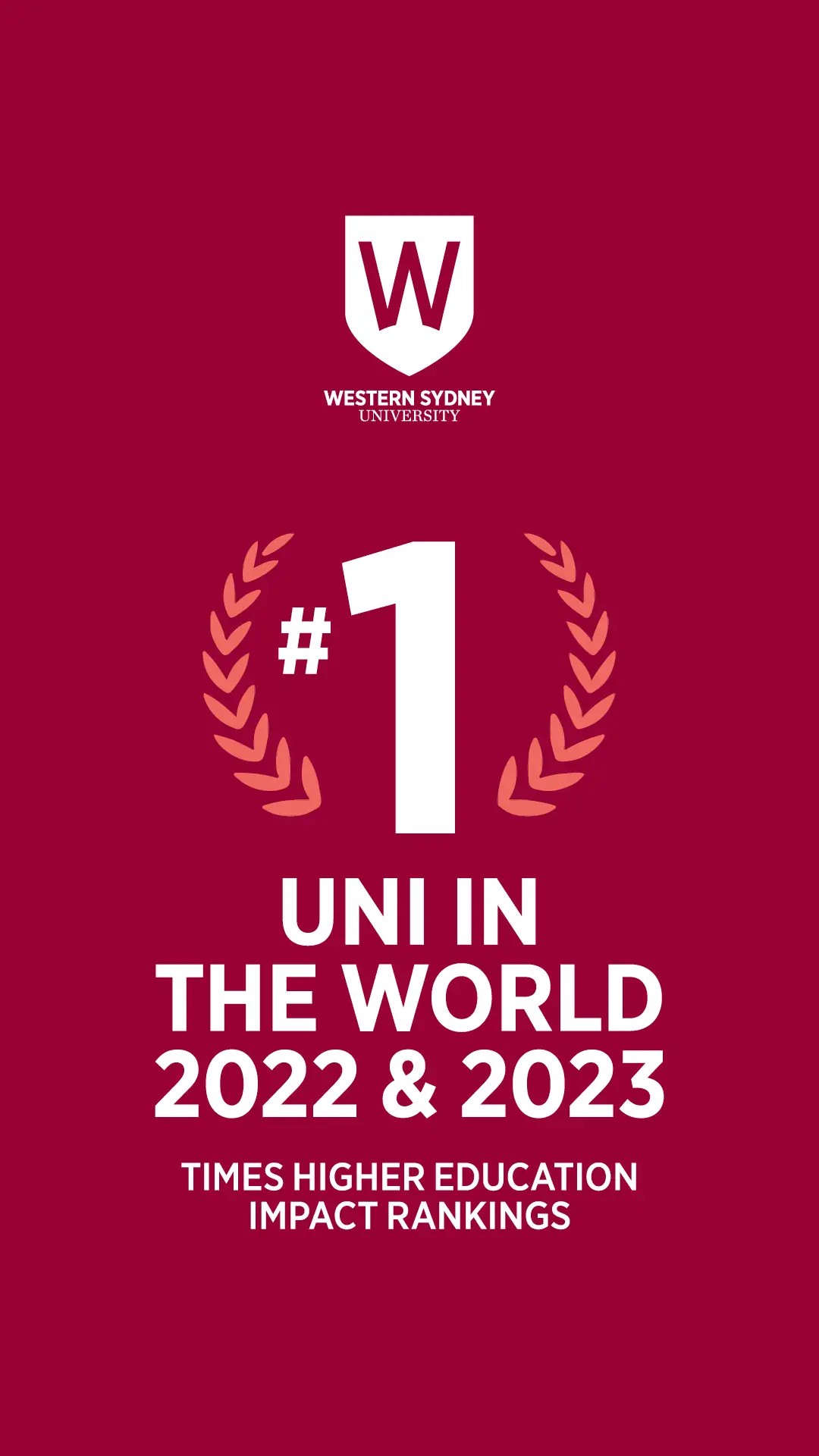 Western Sydney University ranked #1 in the world in 2022 & 2023. Times Higher Education Impact Rankings.